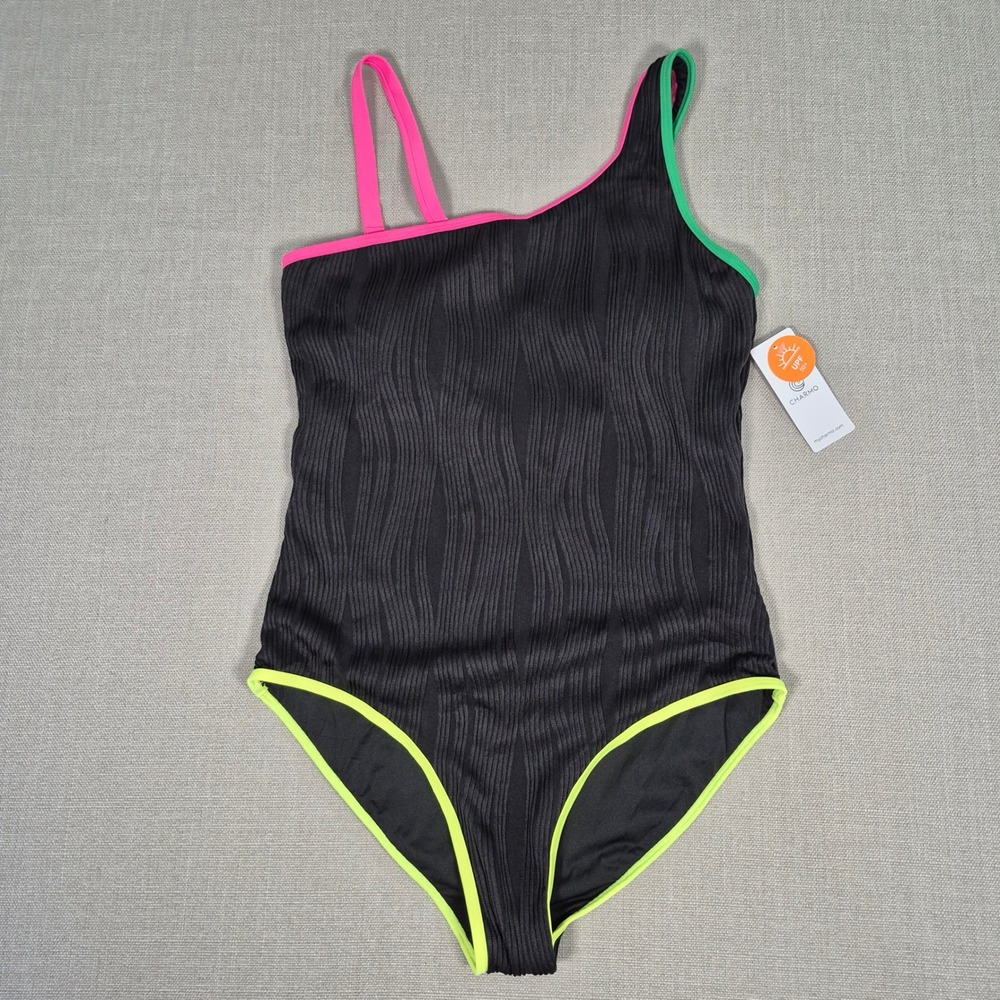 Charmo Women One Piece Swimsuit Neon Trim One Shoulder Black Textured Size M NWT